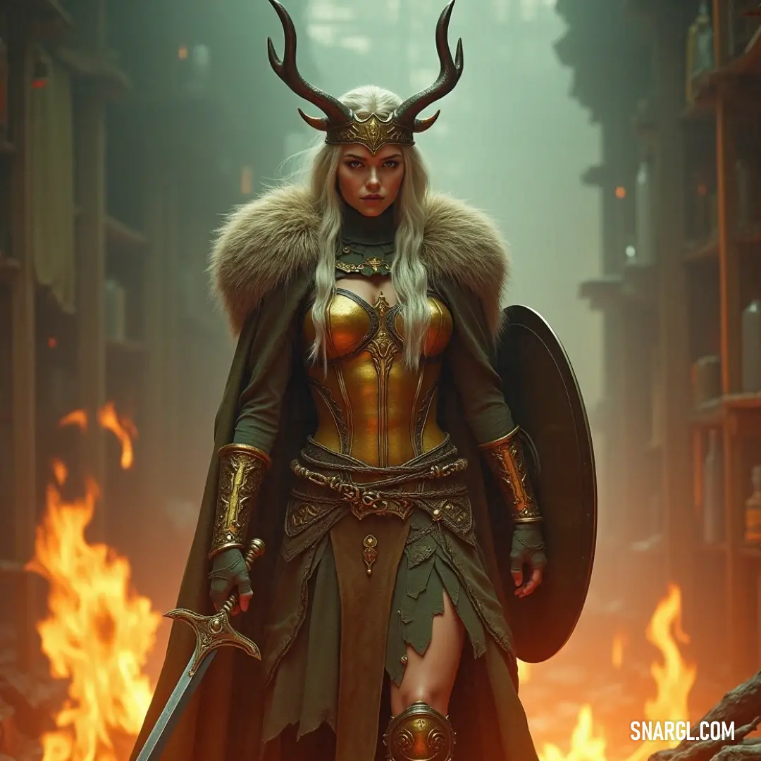 Runa, dressed in a horned costume and holding a sword, stands amidst a blazing fire pit with flames rising behind her. A fierce warrior named Runa stands proudly in a fire pit, her costume adorned with horns, while gripping a sword. Flames lick the air behind her, casting a fiery glow that accentuates her determined expression.