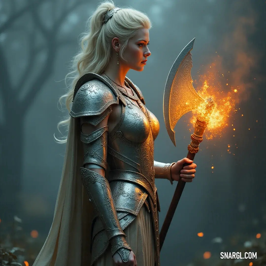 A courageous warrior clad in intricate costume, wielding a fire-lit axe and a glowing staff, stands amidst towering trees in a mystical forest, illuminated by the flickering light of her weapons.