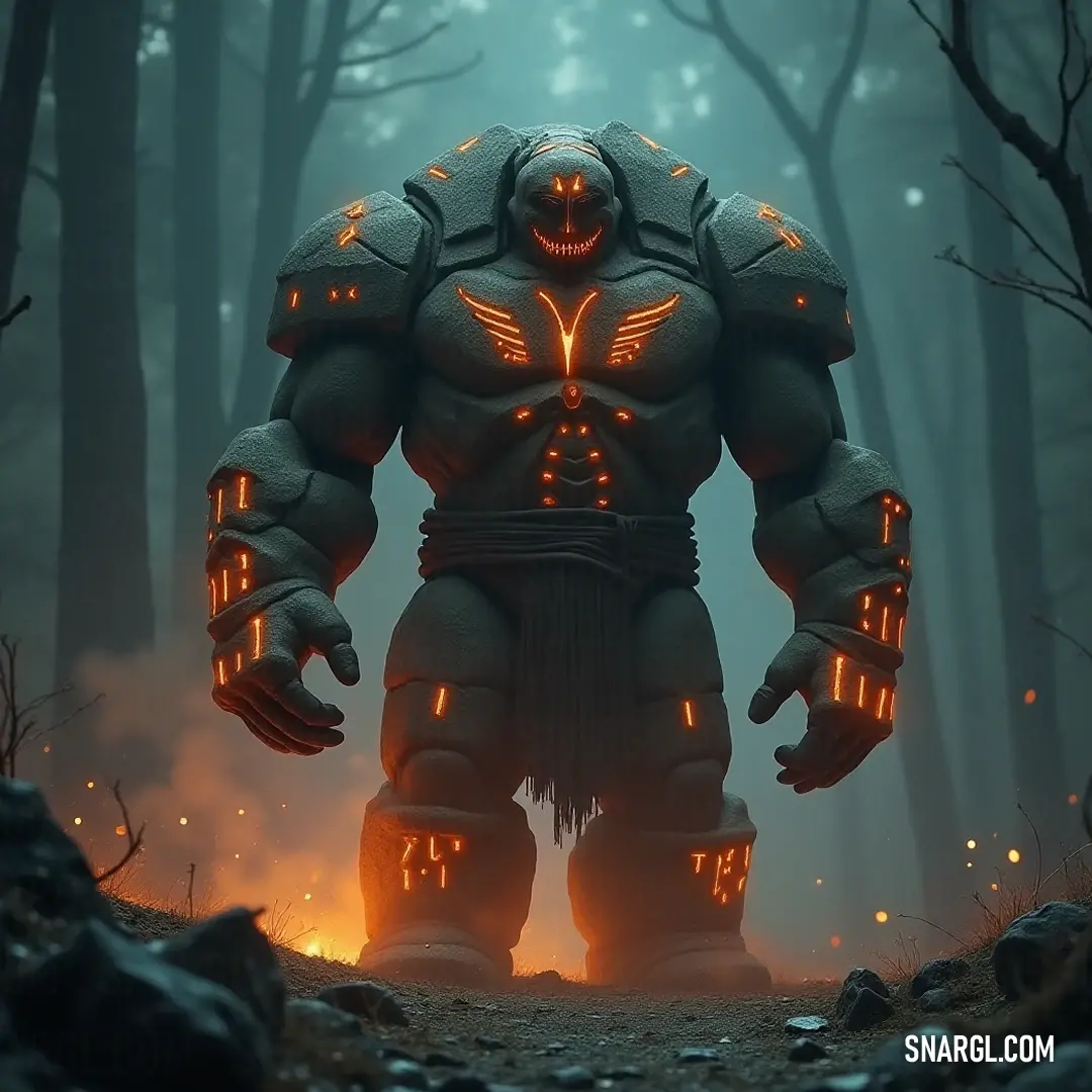 A formidable Giant Rune-carved Golem with luminous eyes stands resolutely in a dense forest, enveloped by mist and mystery, its presence a testament to ancient craftsmanship.