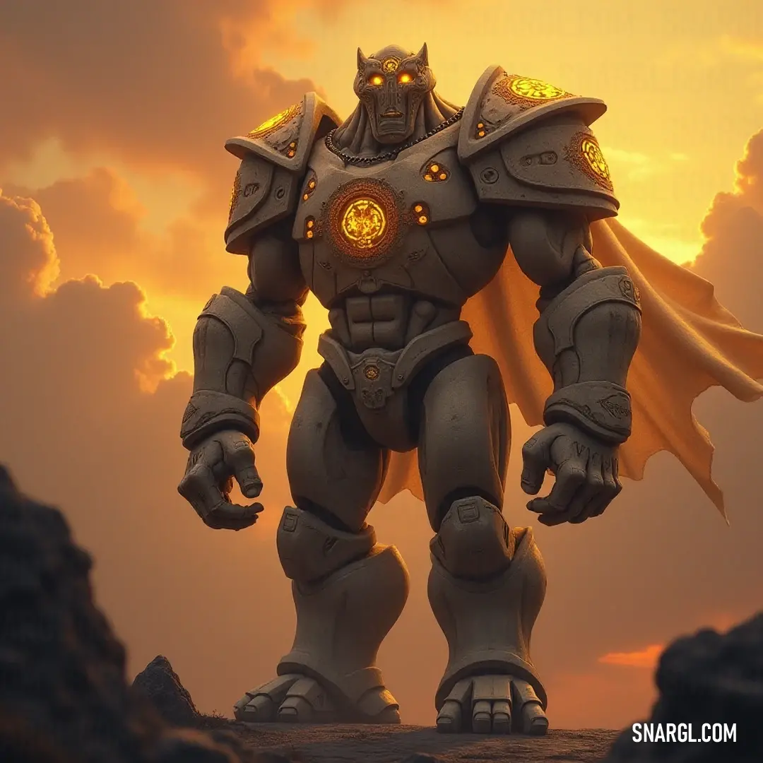 Regal Giant Rune-carved Golem in a vibrant sunset. A stunning Giant Rune-carved Golem draped in a regal cape, stands proudly against a breathtaking sunset, its intricate carvings glinting in the fading light as clouds dance above.