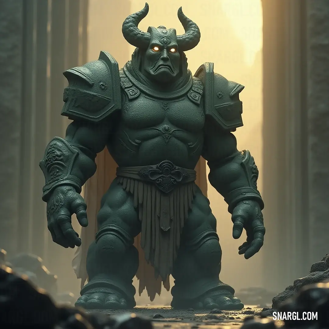 The Green Rune-carved Golem, with its impressive horns and grand visage, stands vibrant in a stone cave, where light softly grazes its textured surface, revealing a creature of legend and lore, steeped in magic. Within a softly illuminated cave, a Green Rune-carved Golem with majestic horns and an oversized head captures the light dancing on its features, evoking an enchanting atmosphere of ancient magic and nature's wonder.