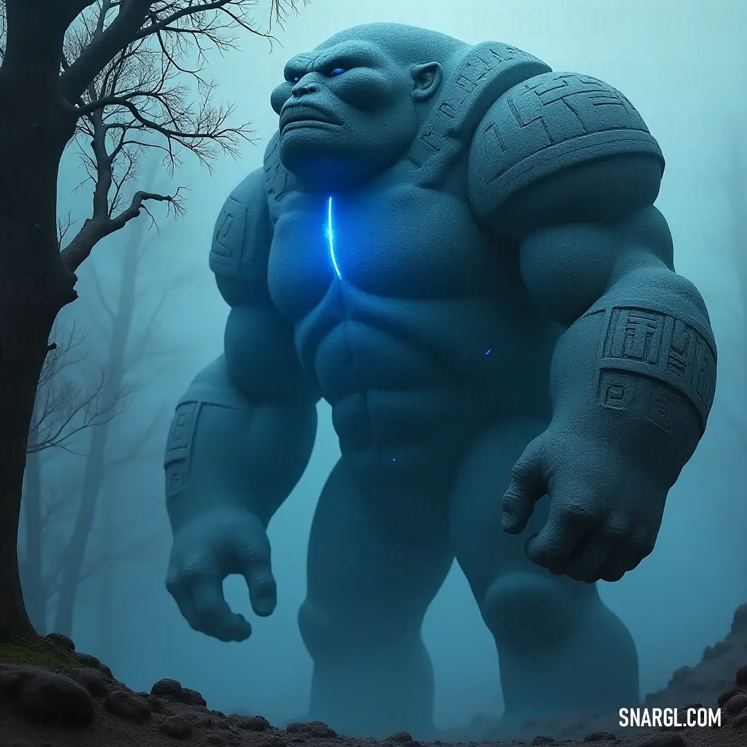 The formidable blue Runic Golem commands attention in a mist-laden forest, its radiant mouth casting an ethereal glow amidst the encroaching shadows of towering trees. A mighty blue Runic Golem stands guard in a mysterious foggy forest, its glowing mouth illuminating the dark surroundings as shadowy trees loom closer, creating an atmosphere of ancient magic and wonder.