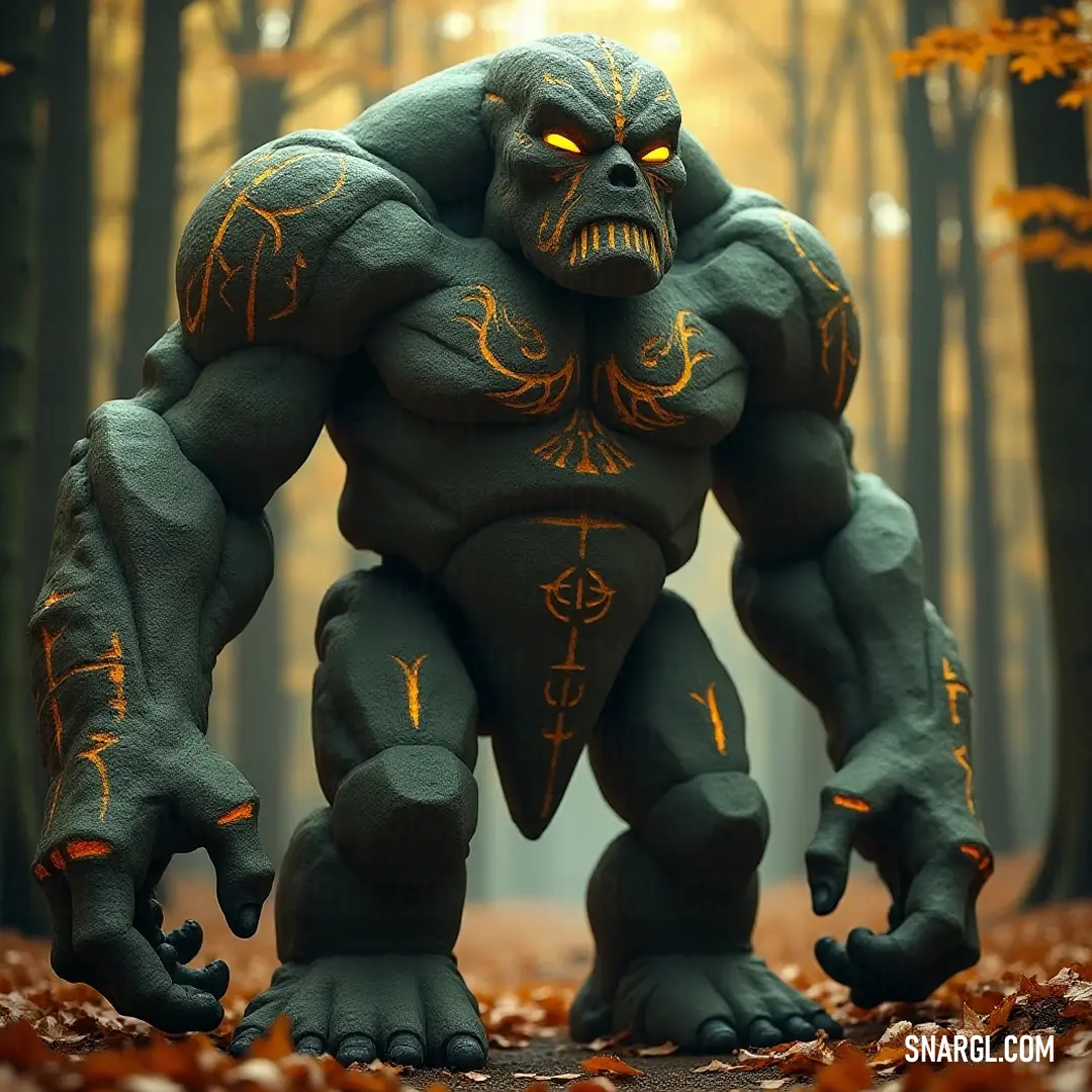 This Giant Runic Golem with its glowing yellow eyes stands valiantly in a woodland scene, surrounded by scattered leaves and towering trees, embodying strength and resilience in a world alive with whispers of nature.