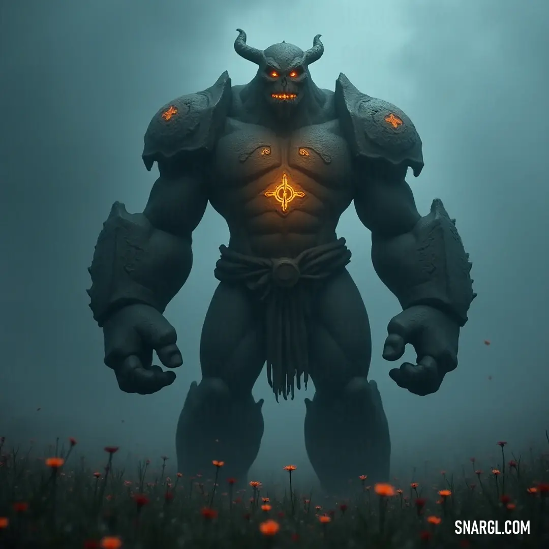 Surrounded by a sea of colorful flowers under a brooding sky, the majestic Giant Runic Golem, adorned with glowing eyes and sturdy horns, stands as a symbol of strength in the face of nature's fury. With horns raised towards a stormy sky, this Giant Runic Golem in a vibrant field of flowers commands respect, its glowing eyes piercing through the darkness, embodying nature's wild beauty and fierce spirit.