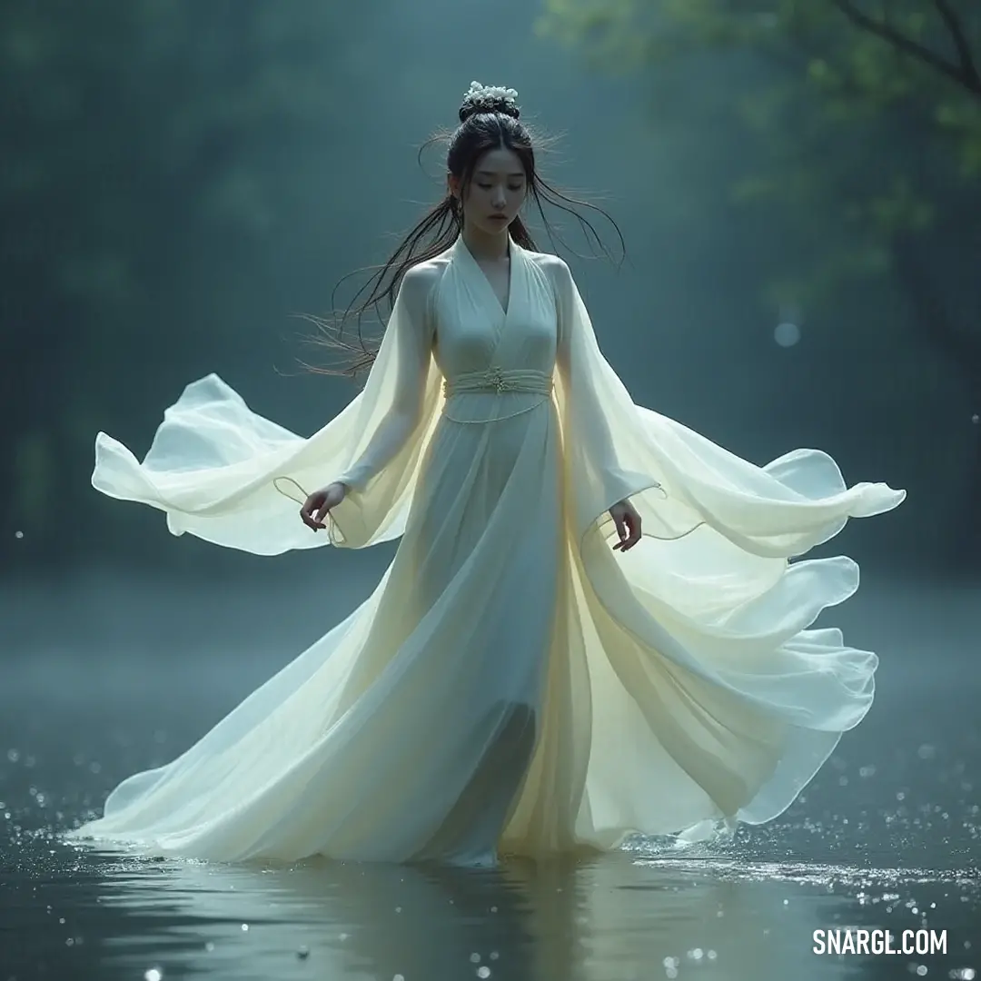 A joyful woman in a flowing dress splashes through the water, her arms embracing the freedom of the moment. A vibrant scene of a young woman in a flowing dress, her arms outstretched in joyful freedom, as she wades through the sunny waters, creating ripples that dance under the warm sunlight.