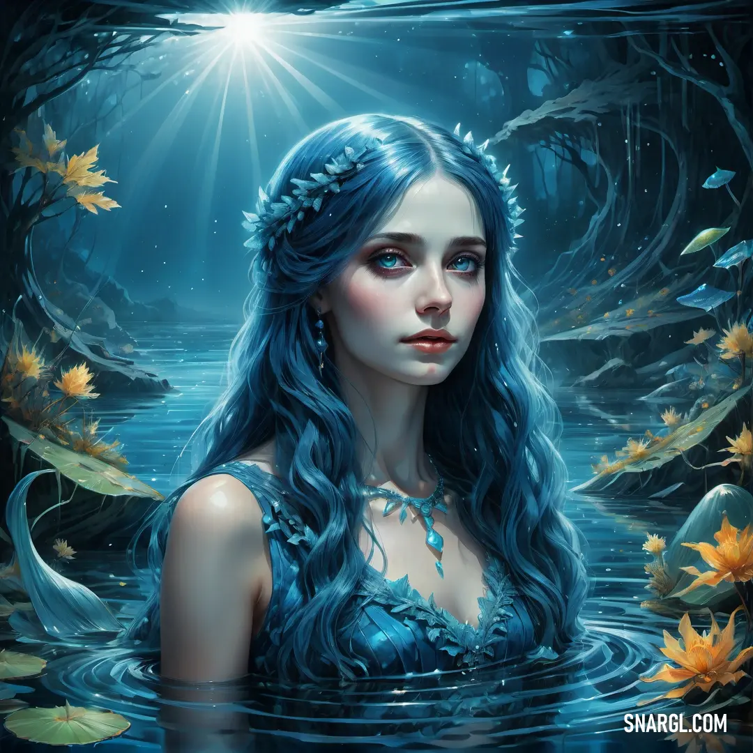 Painting of a female Rusalka with blue hair in water with leaves around her and a star above her head