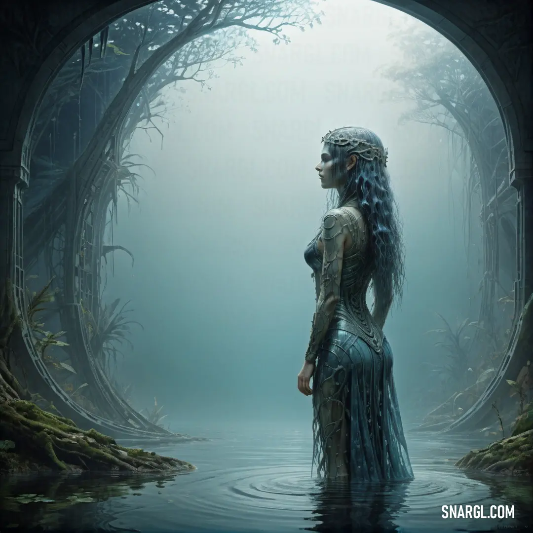 Rusalka in a blue dress standing in a lake in a forest with trees and water around her