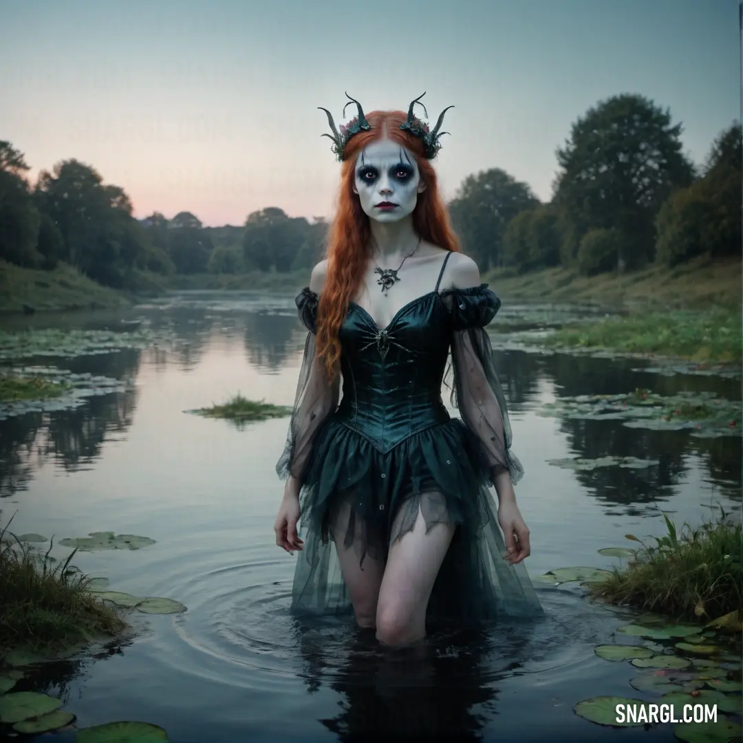 Rusalka in a costume is standing in the water with horns on her head and a body of water behind her