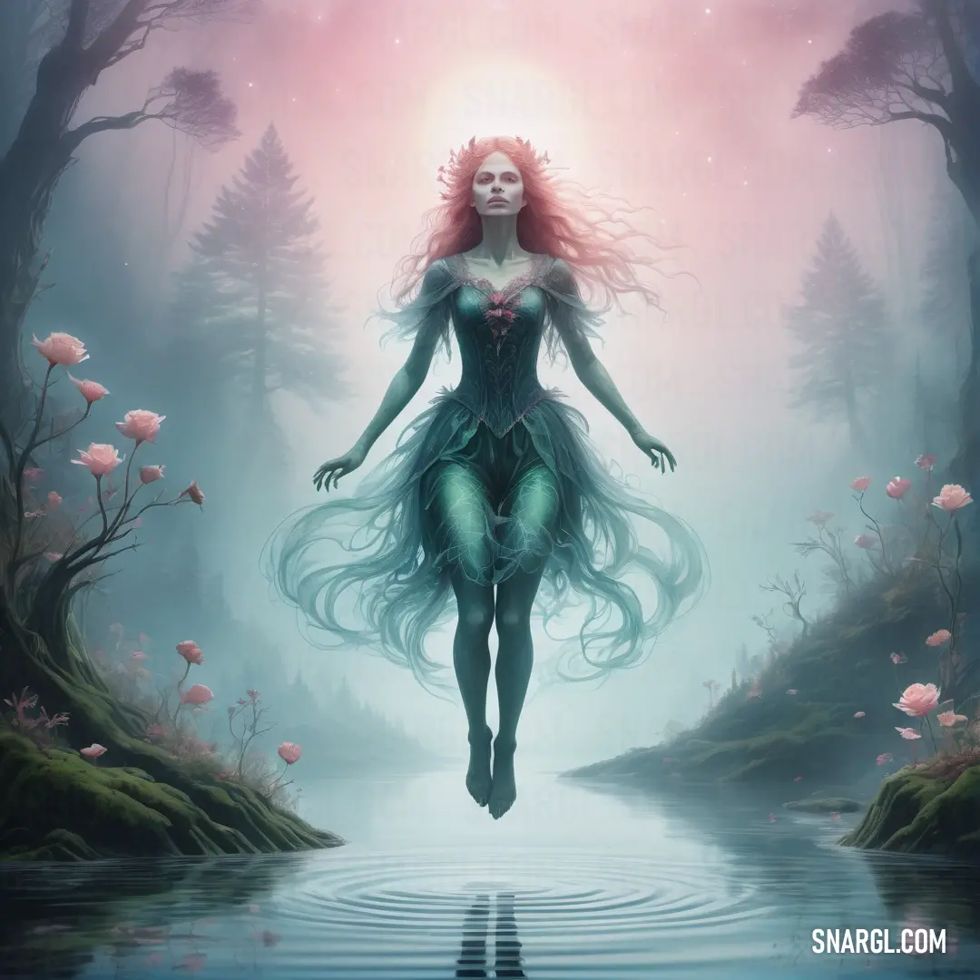 Rusalka in a dress is walking through a forest with flowers and a pond in front of her