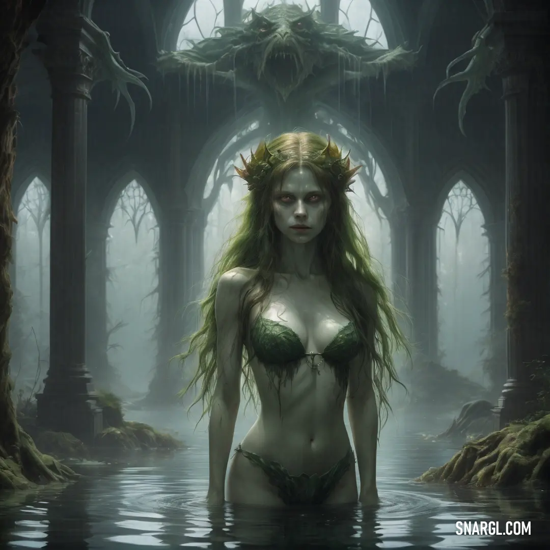 Rusalka in a green bikini standing in a lake in front of a gothic - themed building with a dragon head