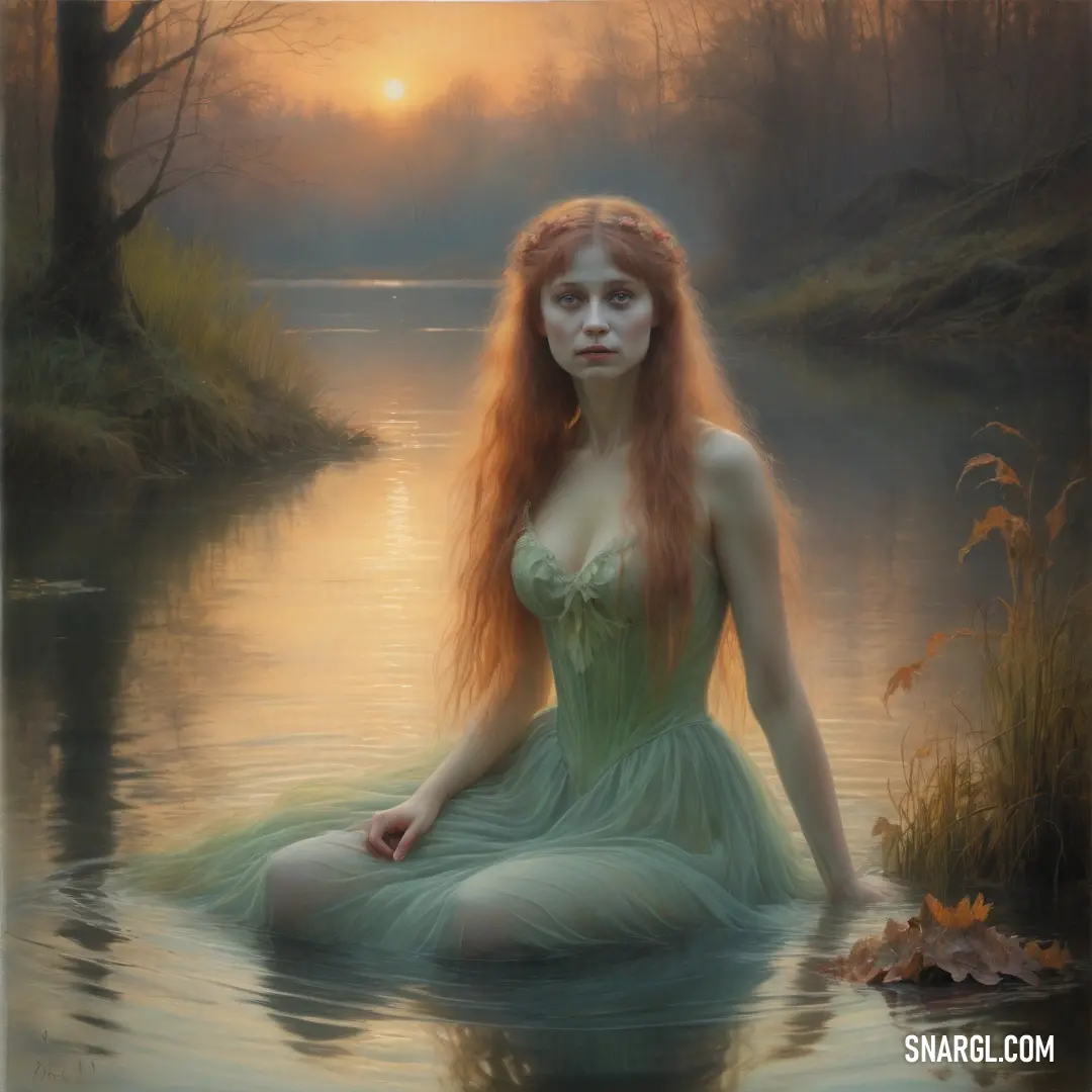 Rusalka in a green dress in a body of water at sunset with a forest in the background