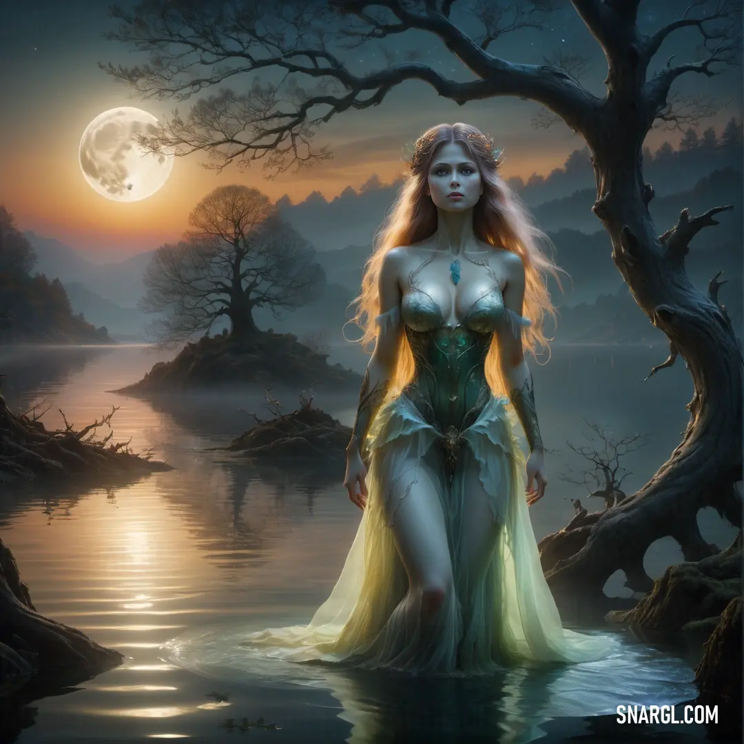 Rusalka in a green dress standing in a body of water at night with a full moon in the background