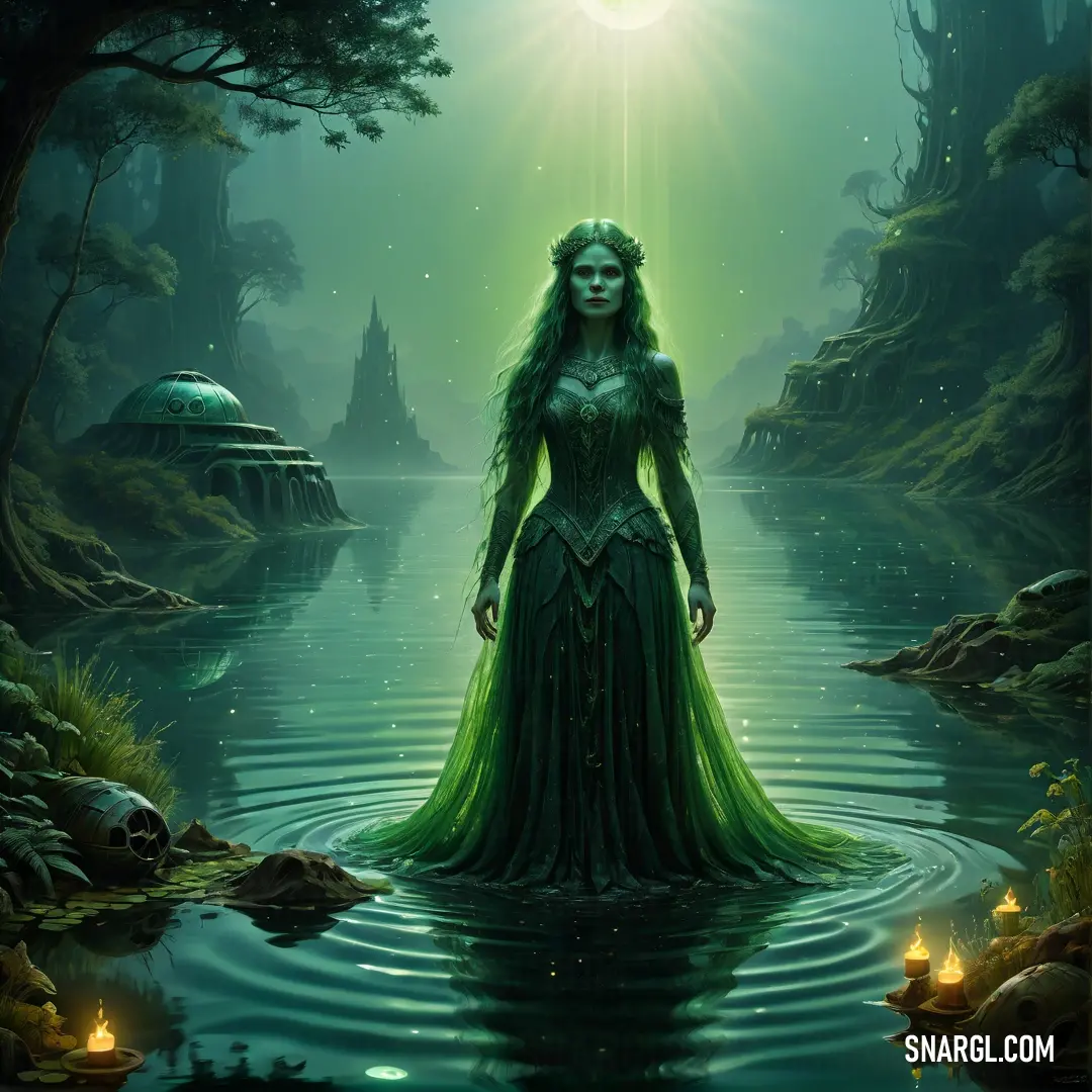 Rusalka in a green dress standing in a lake with a light shining above her head and a forest scene behind her