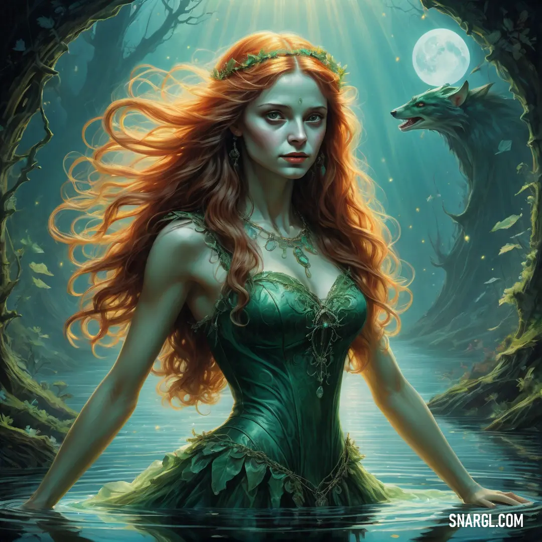 Rusalka in a green dress standing in water with a dragon in the background and a full moon in the sky