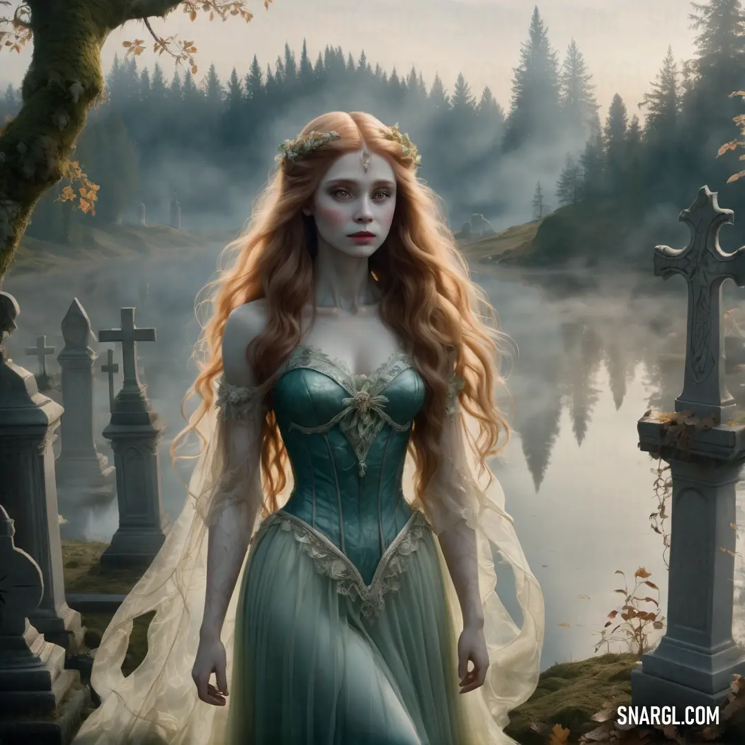 Rusalka in a green dress standing in front of a lake and a cemetery with a cross in the background