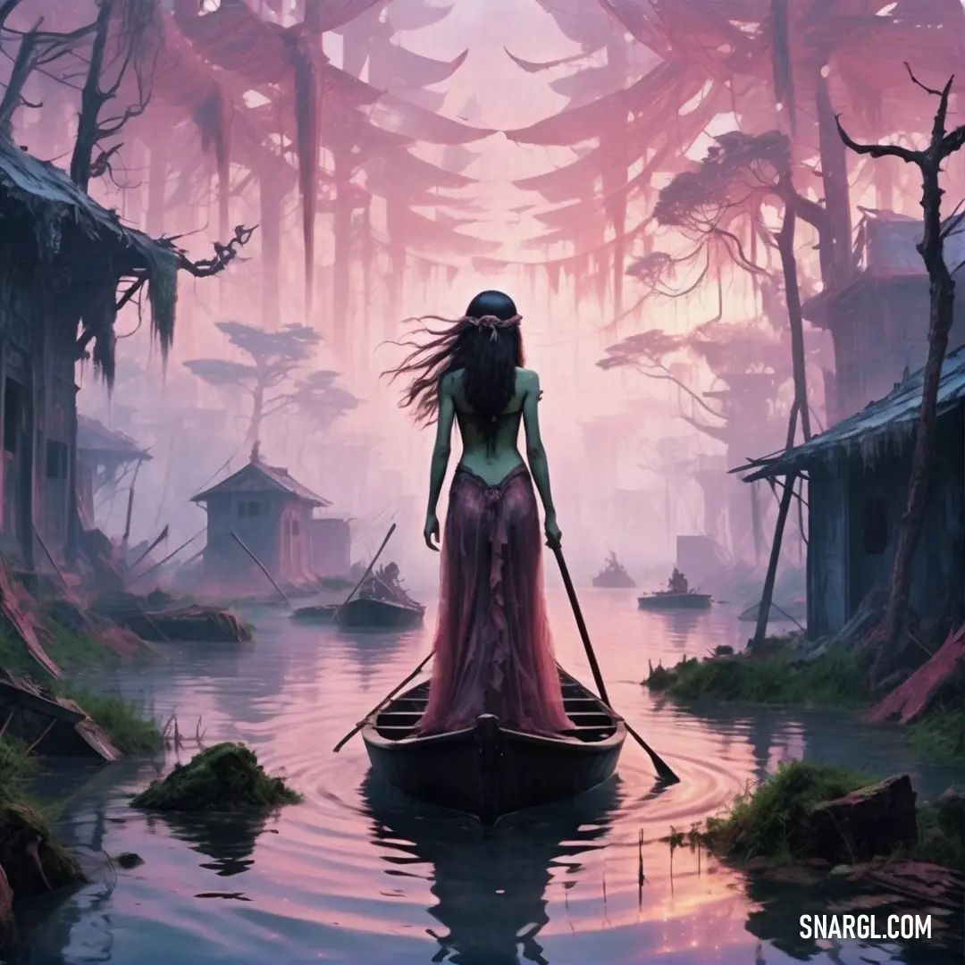 Rusalka in a long dress is rowing a boat in a river with trees and houses in the background