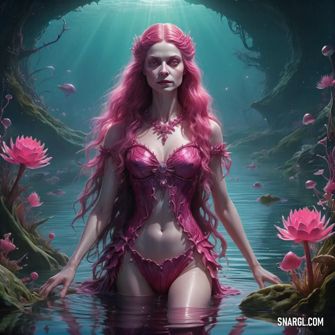 Rusalka in a pink bikini standing in a body of water with pink flowers around her and a sunbeam above her