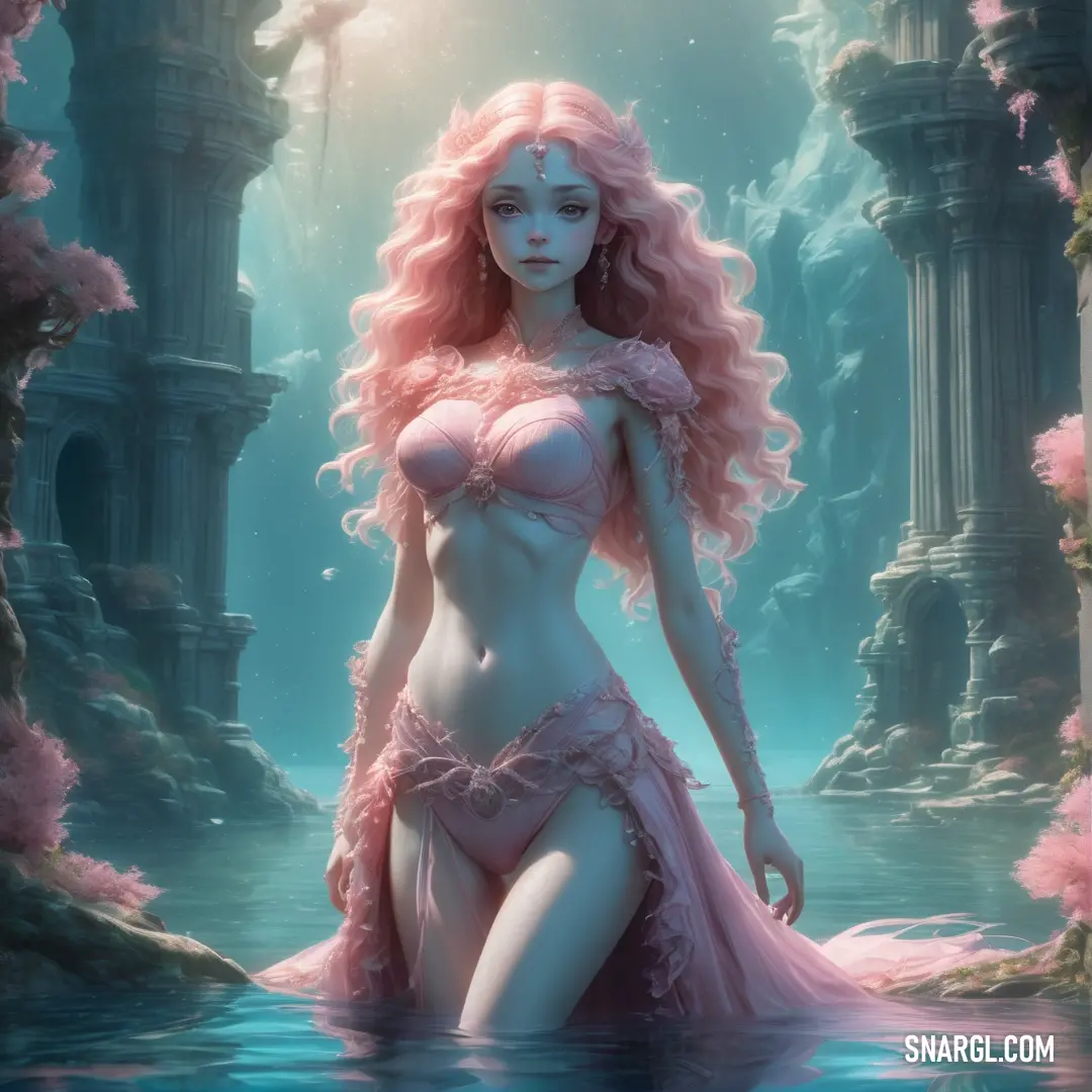 Rusalka in a pink dress standing in a body of water with a castle in the background and a pink flower in her hair