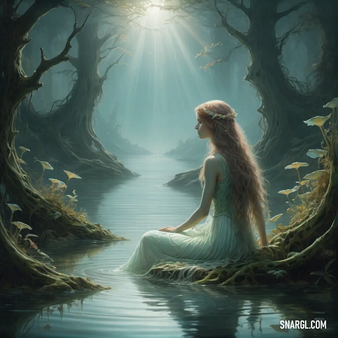 Rusalka on a rock in a forest looking at the water and trees with sunlight shining through the trees
