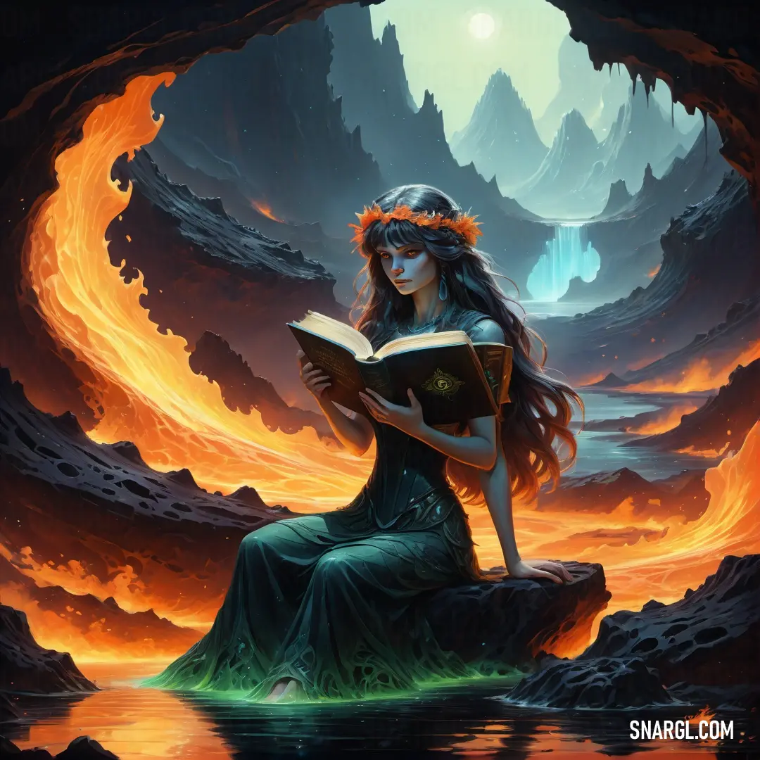 Rusalka on a rock reading a book in a cave with a fire and water background and a glowing sky