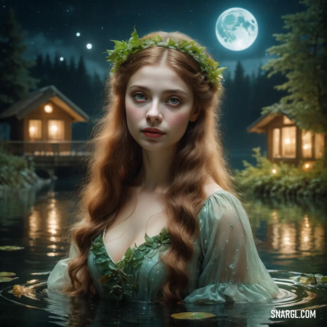 Rusalka with long red hair in a green dress in water with a full moon in the background and a bridge in the distance