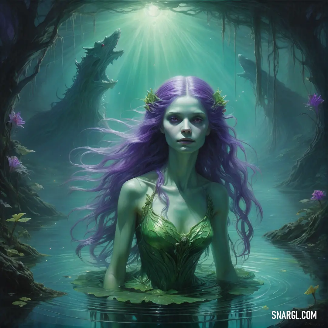 Rusalka with purple hair in a body of water with a forest background and a sun shining above her