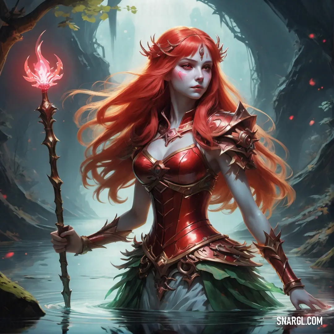 Rusalka with red hair holding a staff in a forest with a lake and trees in the background