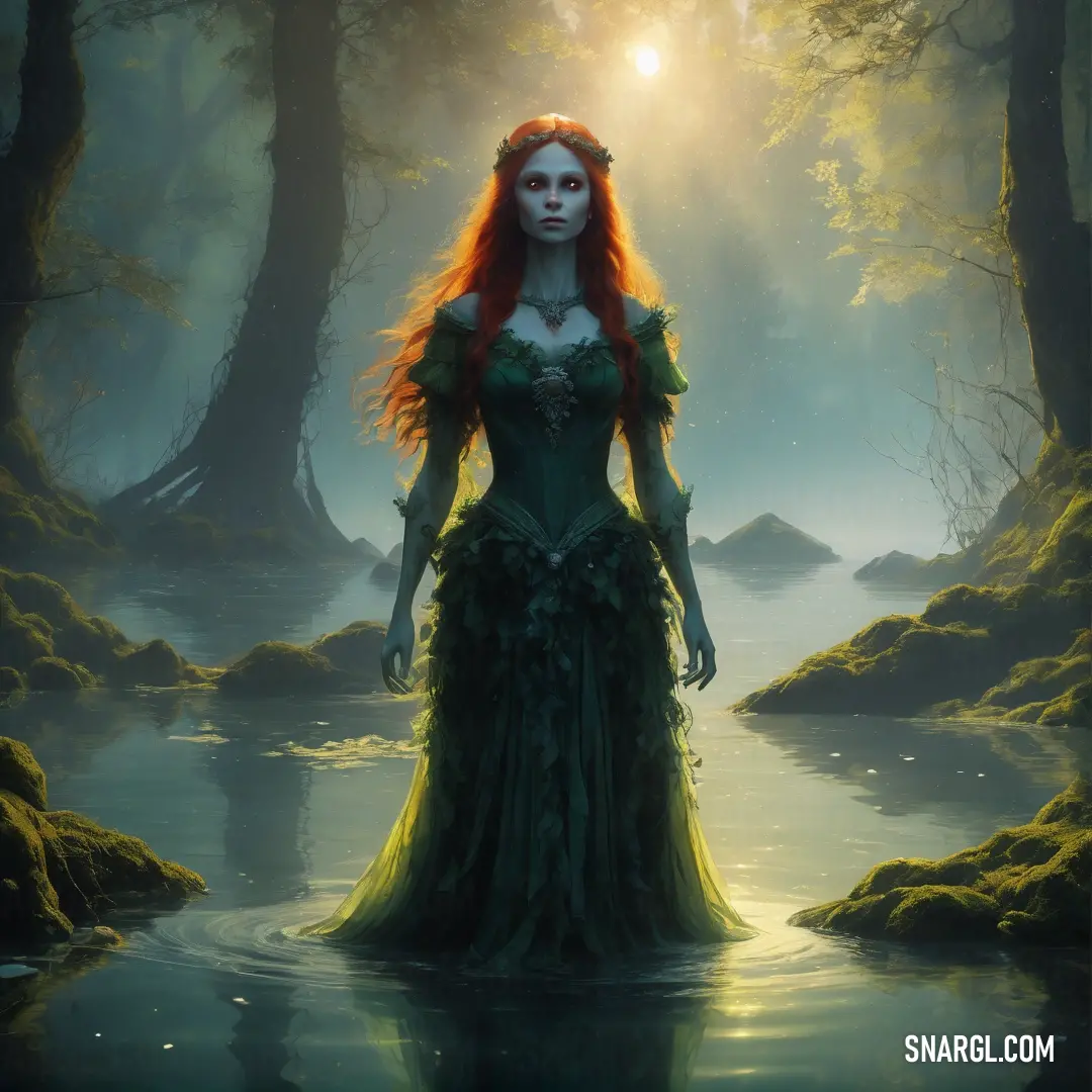 Rusalka with red hair and makeup standing in a forest with a body of water in front of her
