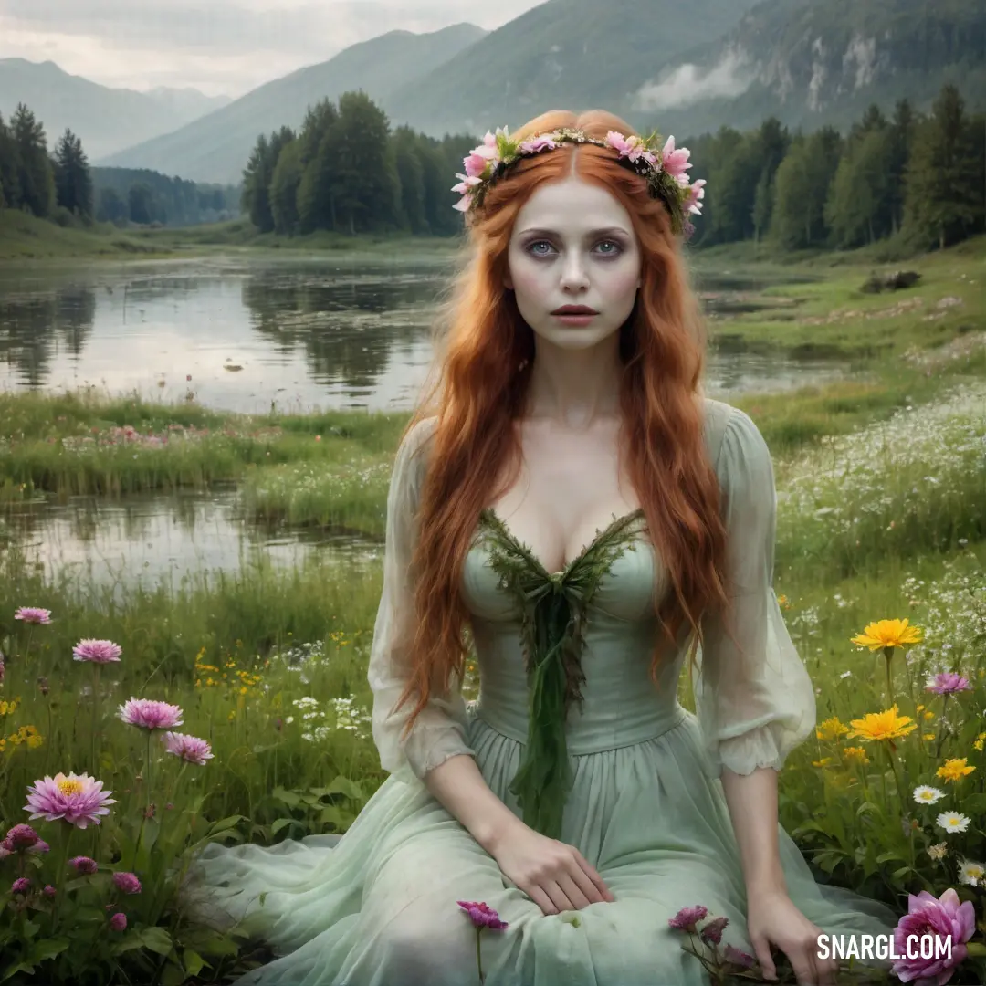 Rusalka with red hair in a field of flowers with a lake in the background and mountains in the distance