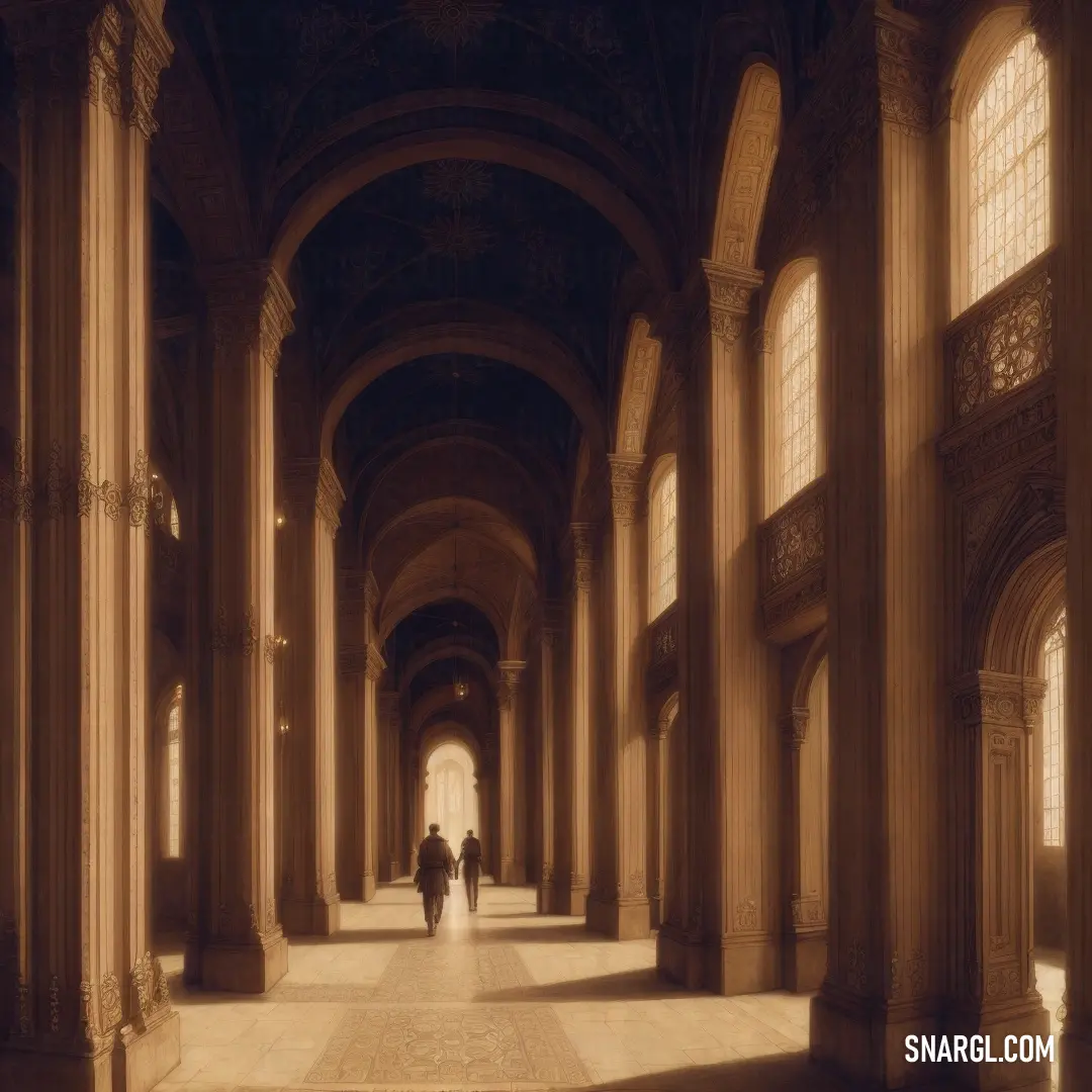 Couple of people walking down a hallway between two buildings with columns and arches on either side of them. Example of CMYK 0,45,79,50 color.