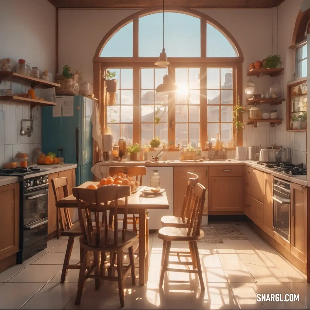 Russet color example: Kitchen with a table and chairs and a big window in the wall above it that has a view of the mountains