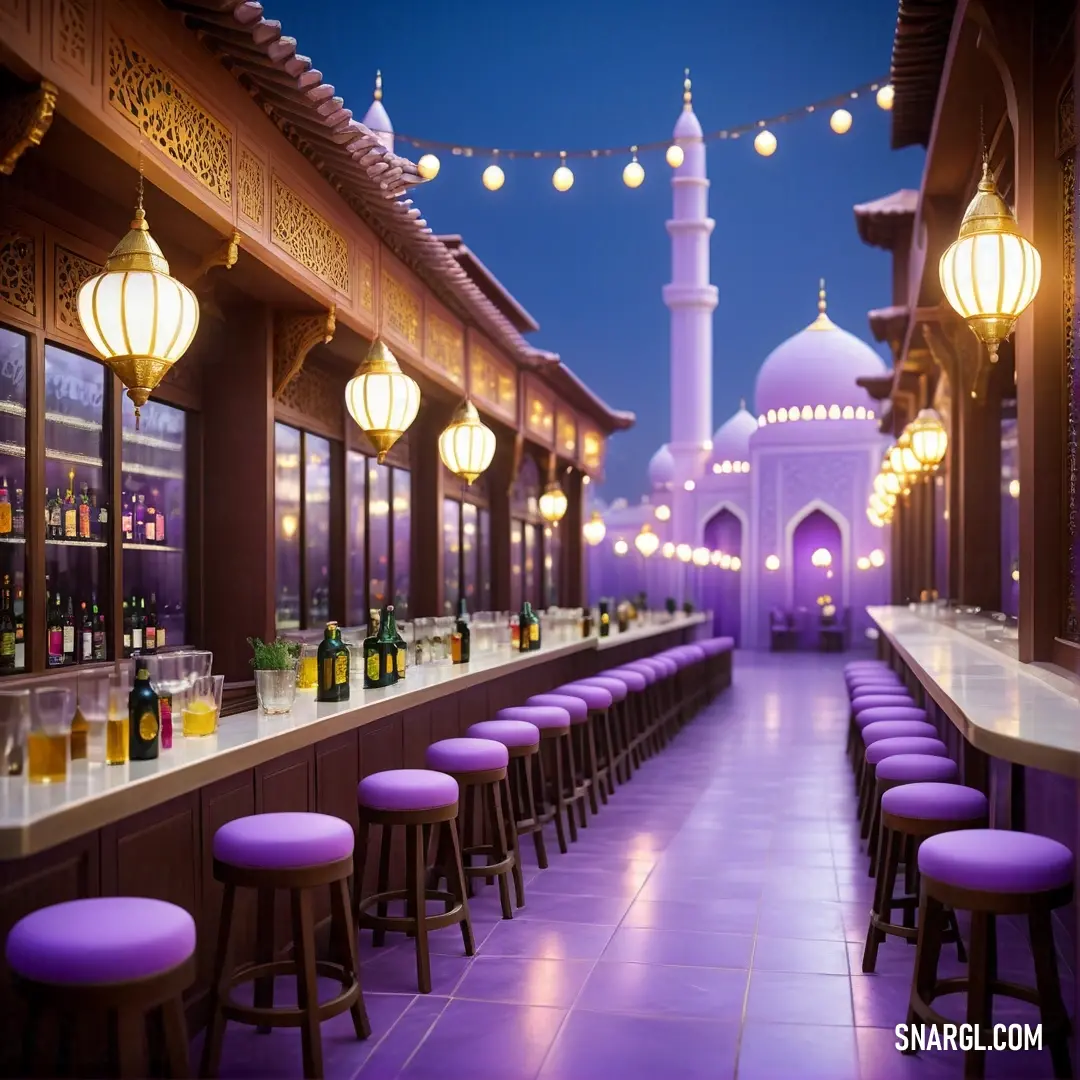 Bar with purple stools and lights hanging from the ceiling and a white building in the background. Color CMYK 0,45,79,50.