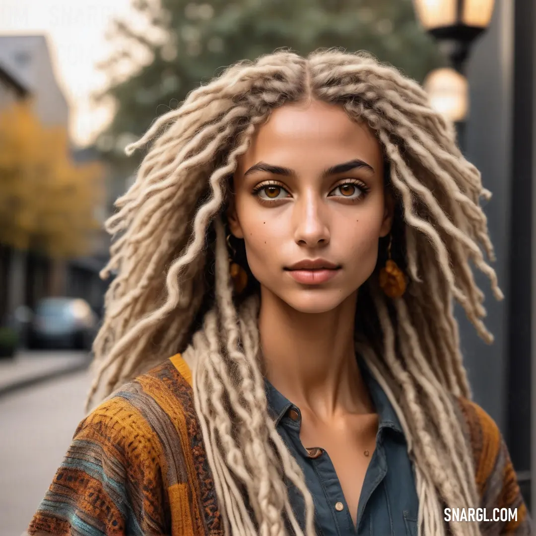 Woman with dreadlocks standing on a street corner with a lamp post in the background. Color RGB 128,70,27.