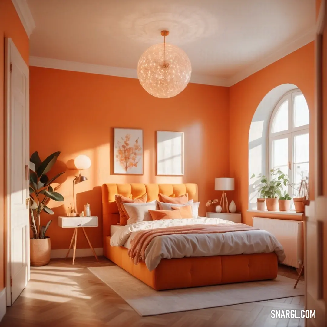 Bedroom with an orange wall and a bed with a white comforter and pillows and a plant in the corner. Color RGB 183,65,14.