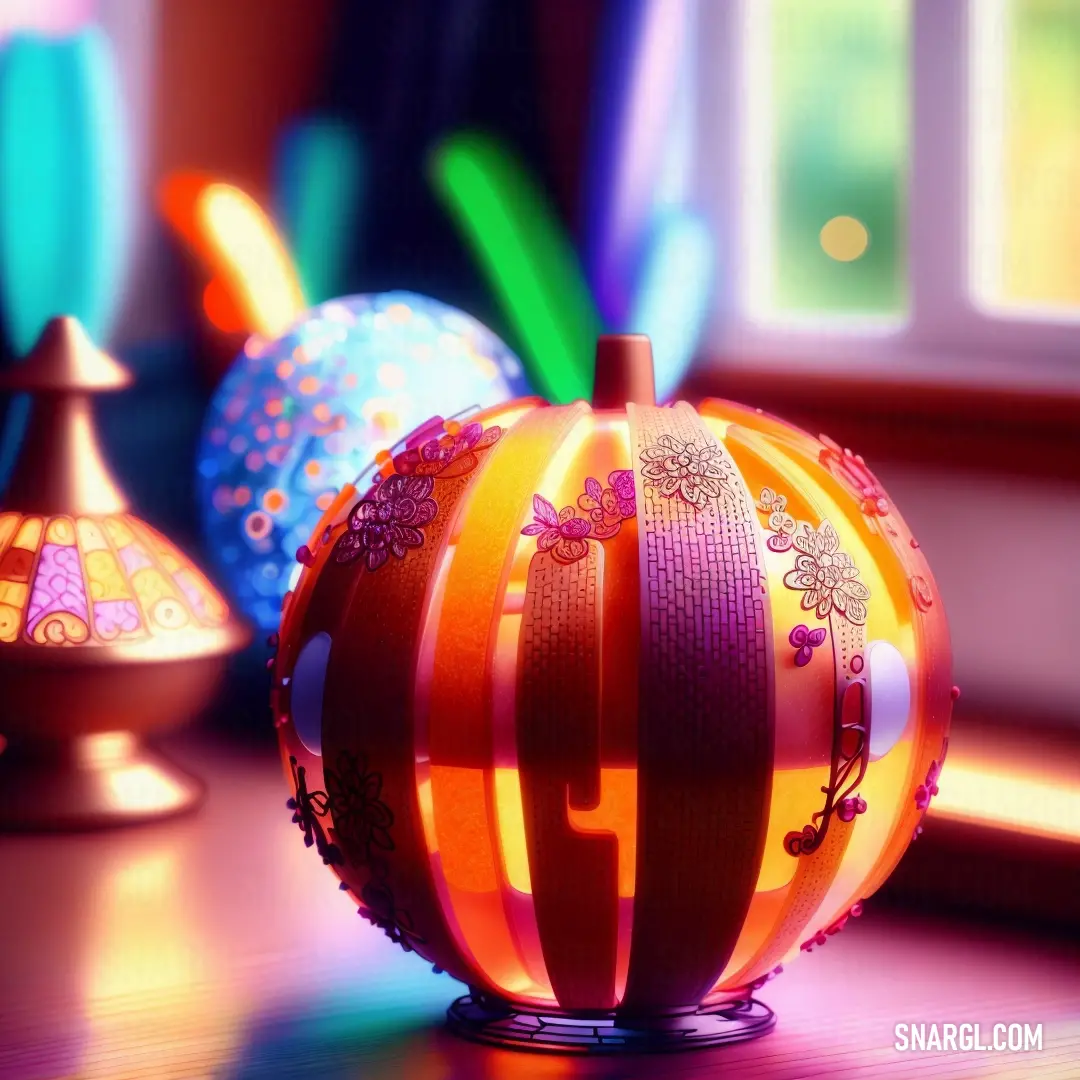 Close up of a colorful ball on a table near a window with a bright light coming through the window