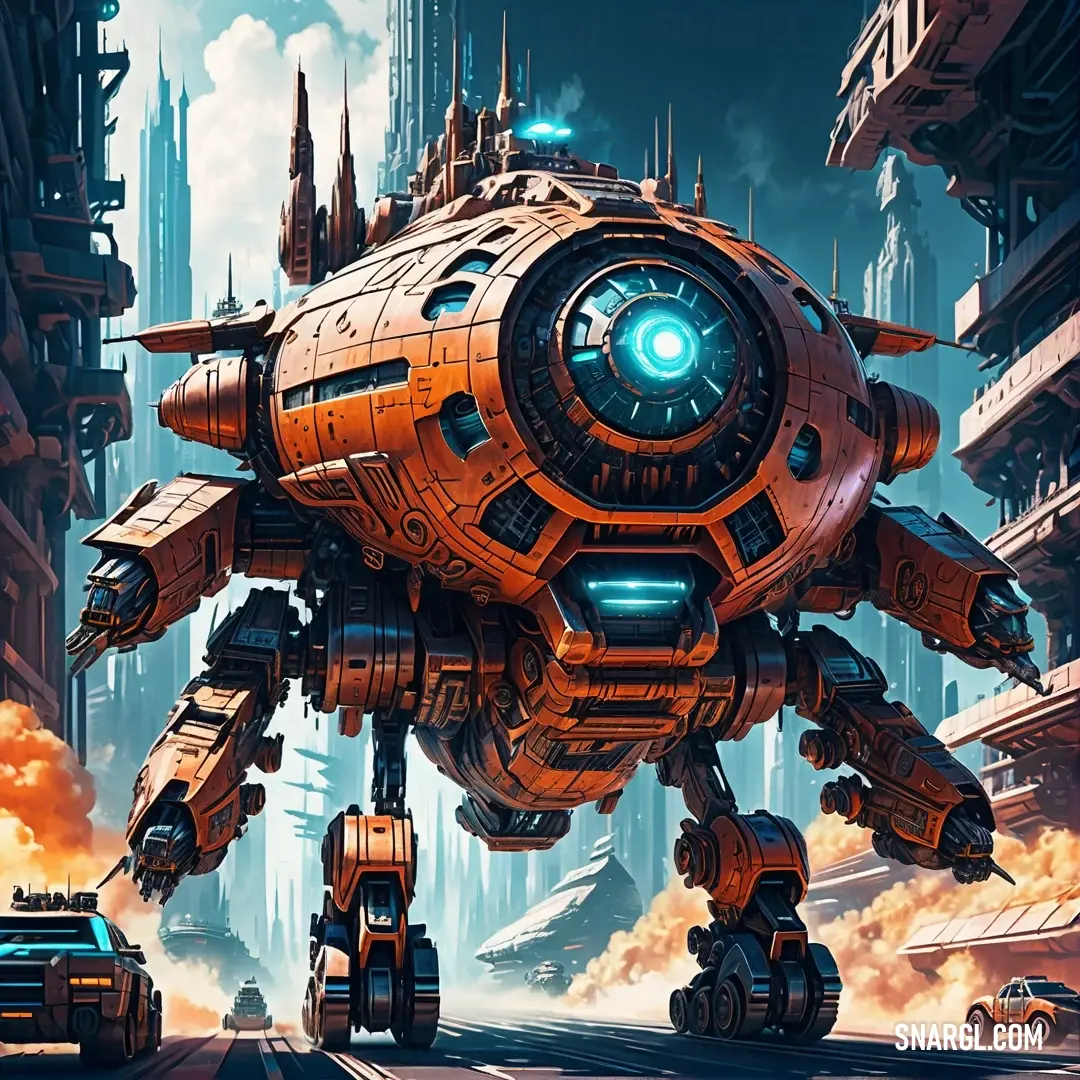 Rust color. Futuristic city with a giant robot like vehicle in the middle of the street and a car in the background