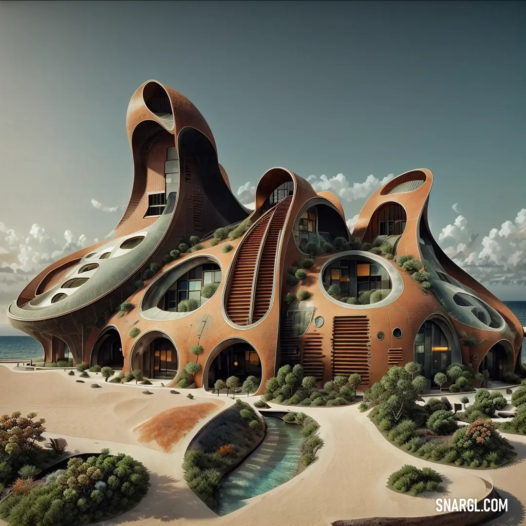 Futuristic house with a spirally shaped roof and a spirally shaped staircase leading to the second floor