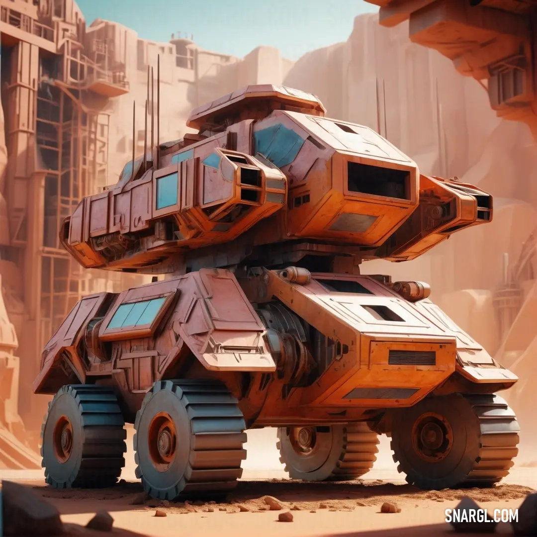 Futuristic vehicle with a large load of cargo on top of it in a desert setting with a mountain in the background