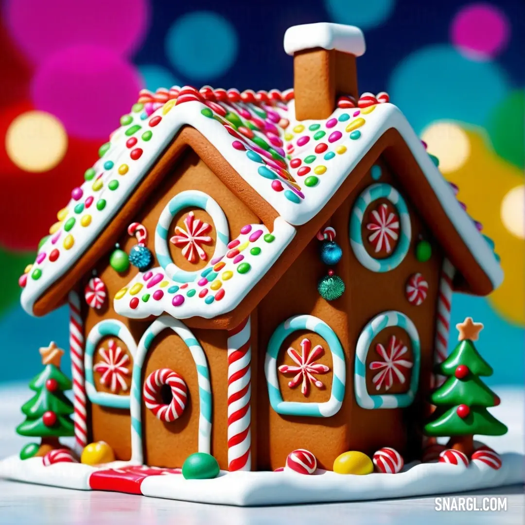 Gingerbread house with candy and candy canes on it's roof. Example of #B7410E color.