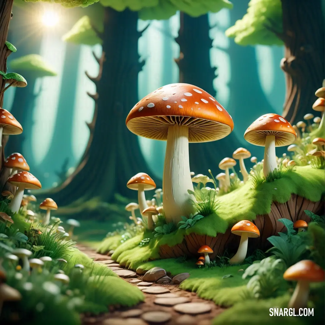 Group of mushrooms in a forest with a path leading to them and a sun shining through the trees. Example of RGB 183,65,14 color.