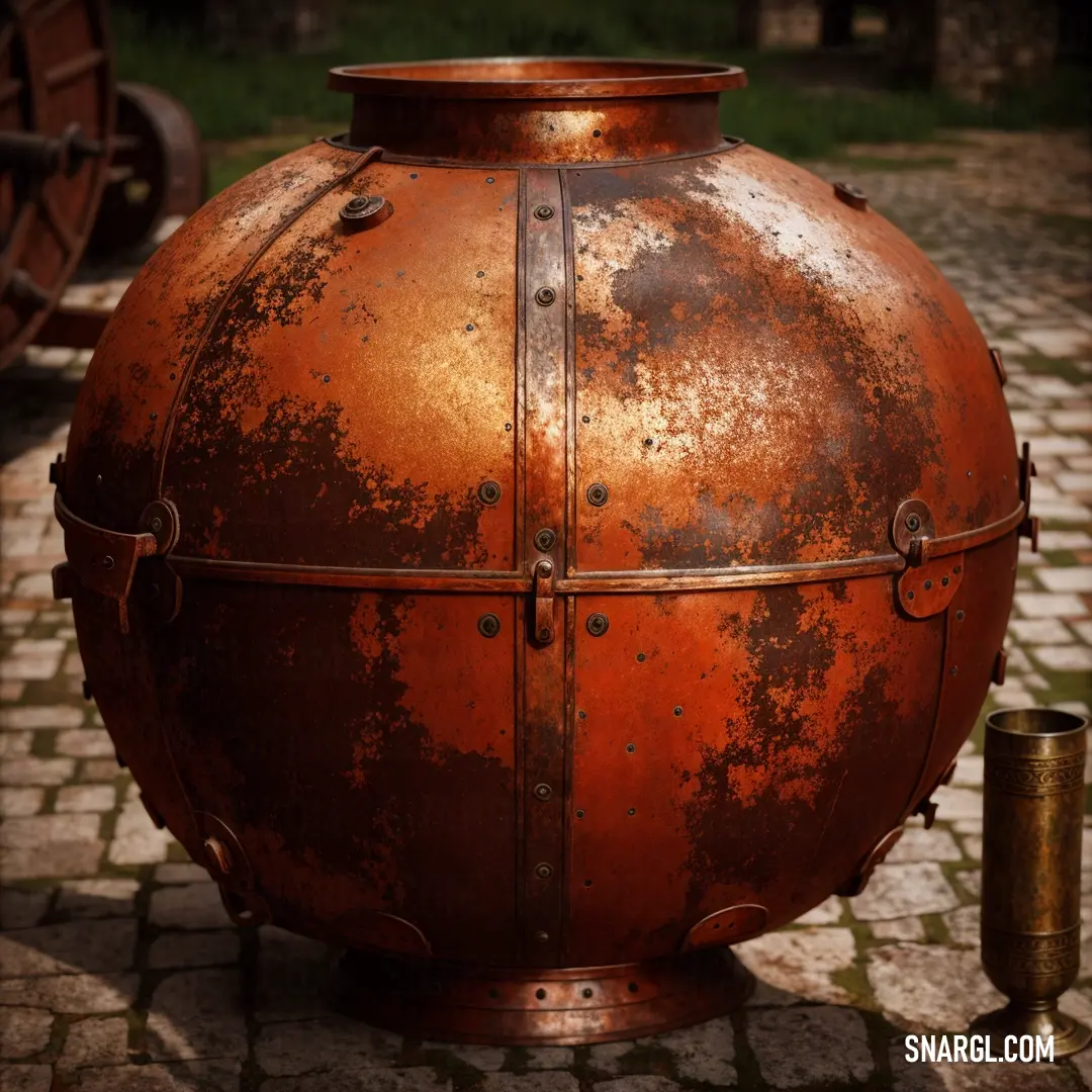 Large metal ball on top of a brick floor next to a can of beer