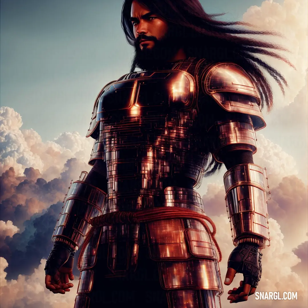 Man in a suit of armor standing in front of a cloudy sky with clouds behind him and a beard