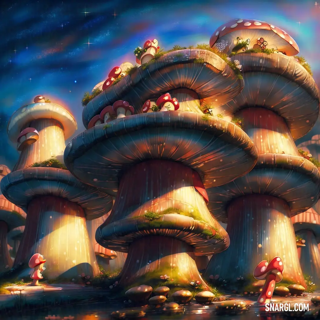 Painting of a mushroom like structure with mushrooms growing out of it's sides