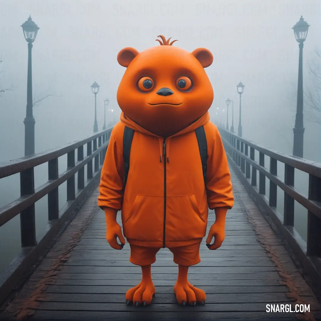 Person in a bear suit standing on a bridge in the foggy day with a lantern on the side. Example of Rust color.