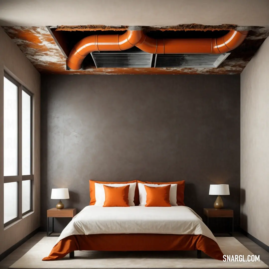Bed with orange pillows and a white blanket and a ceiling fan in a bedroom with a window and a lamp. Color RGB 183,65,14.