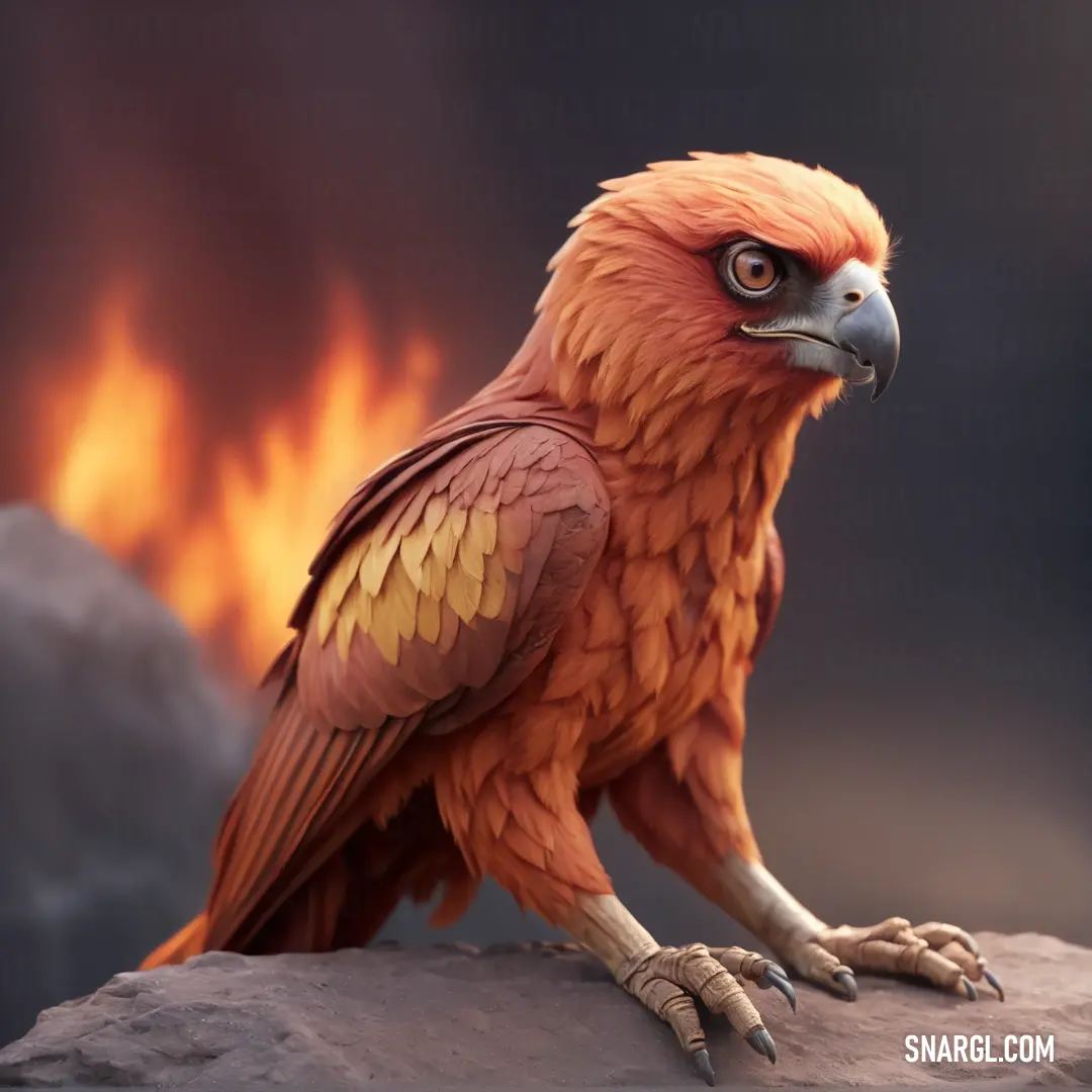 Rust color. Bird with orange feathers on a rock with a fire in the background