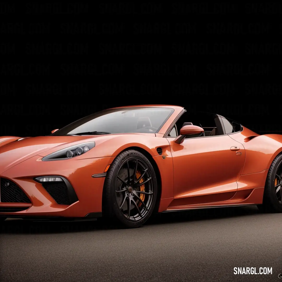 Bright orange sports car is parked in a dark room with a black background. Example of CMYK 0,64,92,28 color.