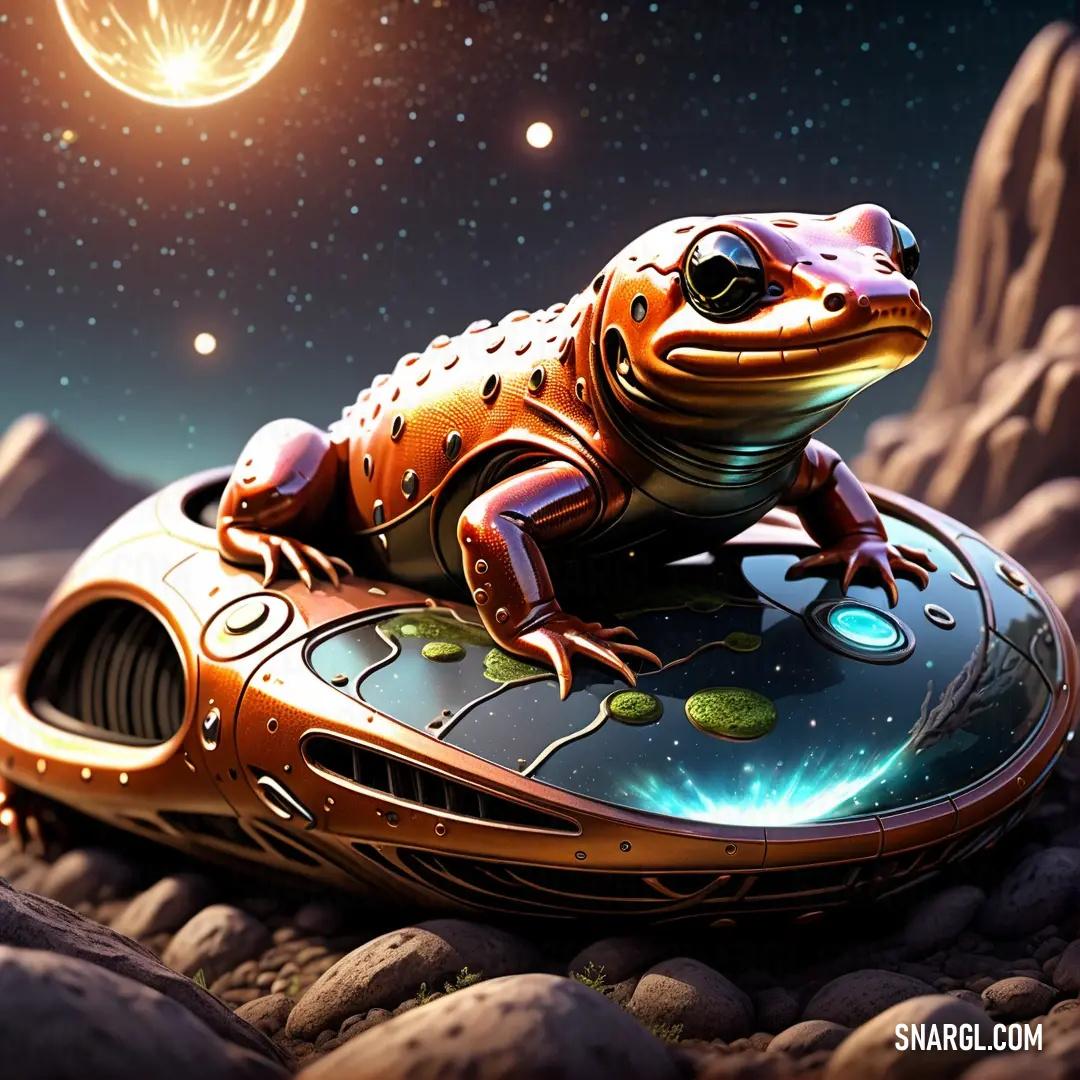 Rust color example: Frog on top of a metal object on a rock in the middle of a field of rocks
