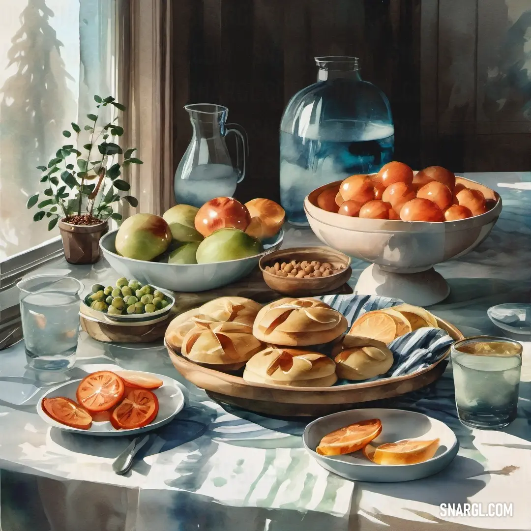 Painting of a table with a bowl of fruit and a bowl of nuts. Color Rust.