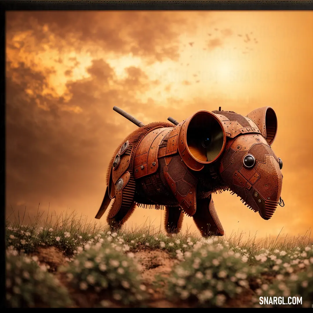 Sculpture of a rhinoceros in a field of grass with a cloudy sky in the background. Example of Rust color.